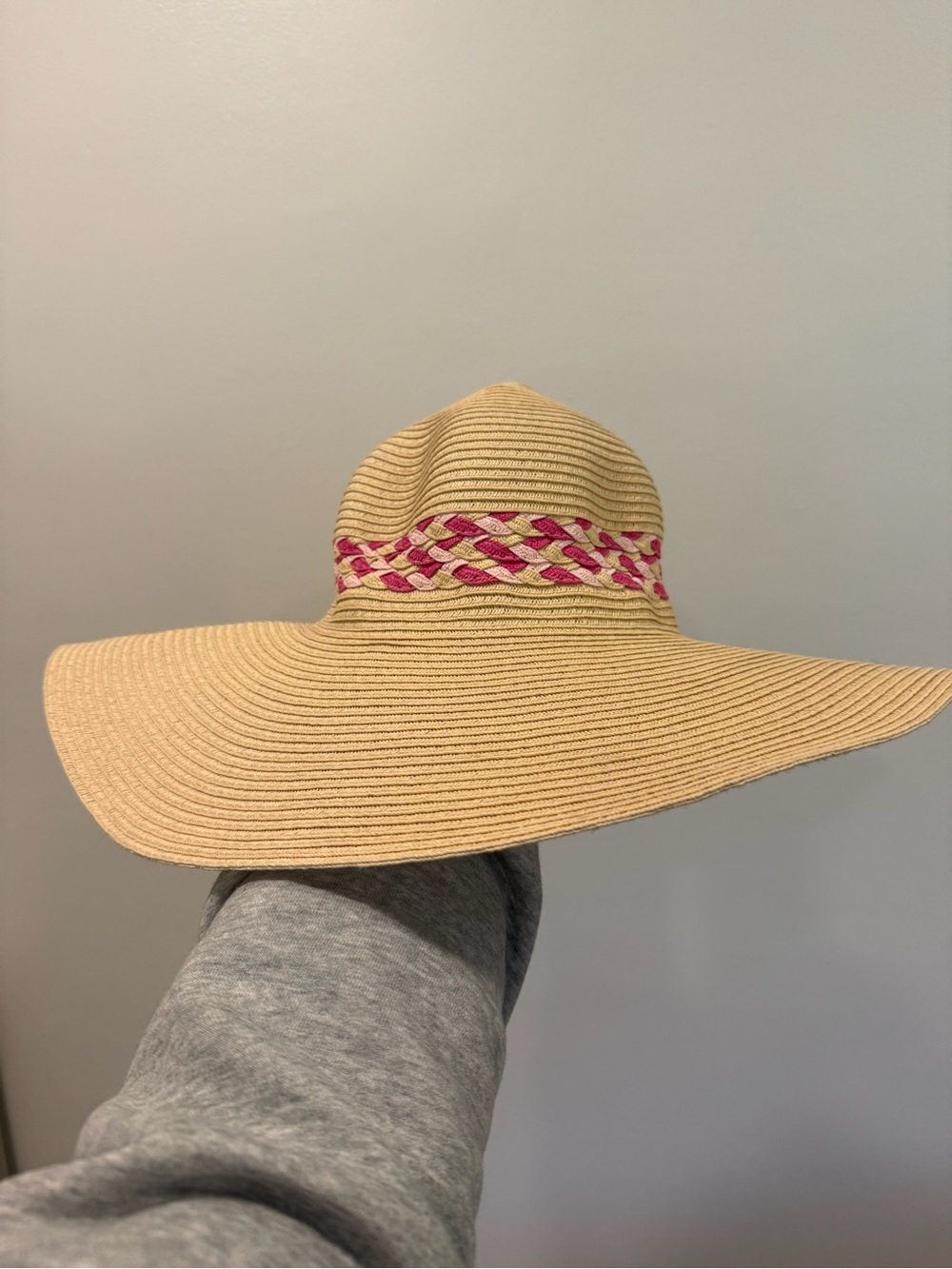 Wide-Brim Straw Sun Hat with Pink Braided Band